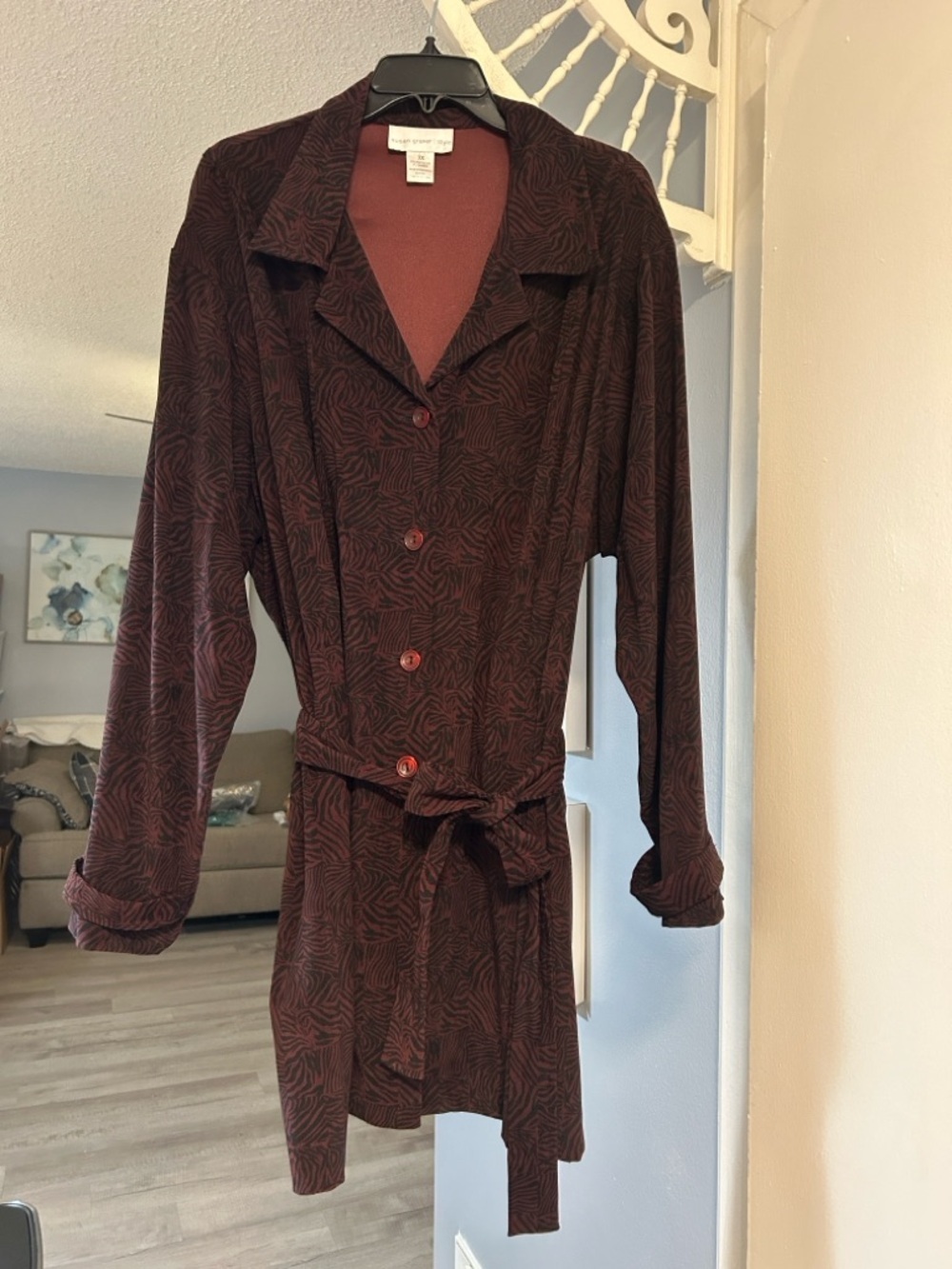 Vintage Susan Graver animal print Burgundy Button Up Belted Dress Jacket Size 3X